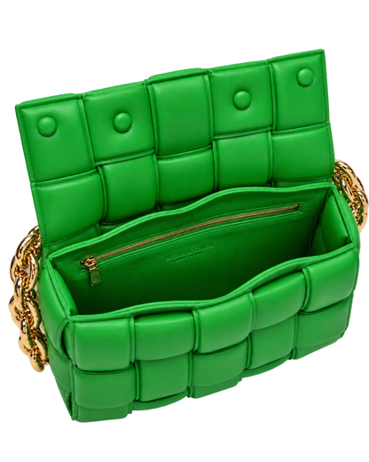Lambskin Maxi Intreccio Padded Chain Cassette Crossbody Bag Parakeet