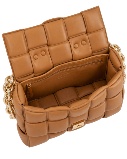 Lambskin Maxi Intreccio Padded Chain Cassette Crossbody Bag Caramel