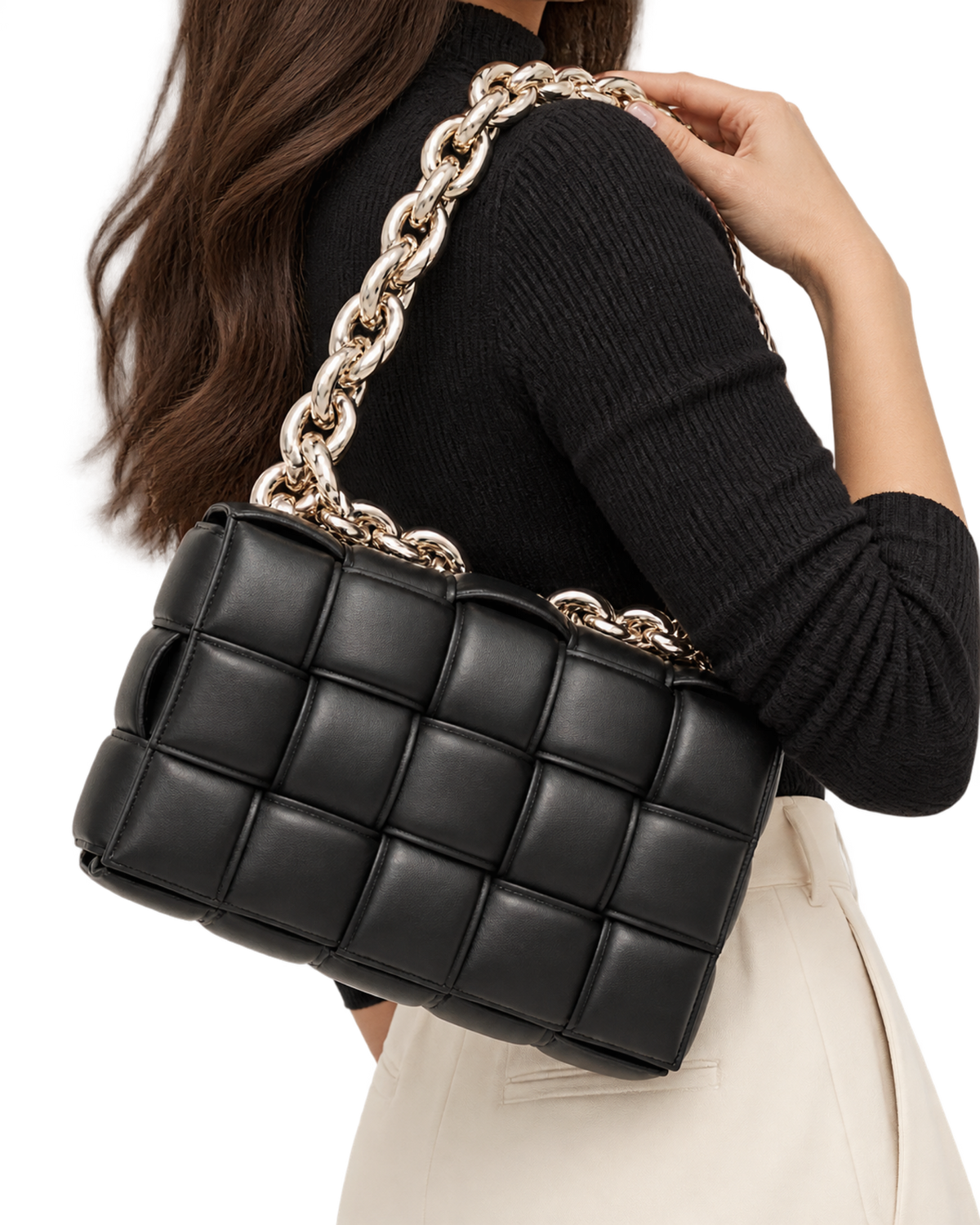 Lambskin Maxi Intreccio Padded Chain Cassette Crossbody Bag Black