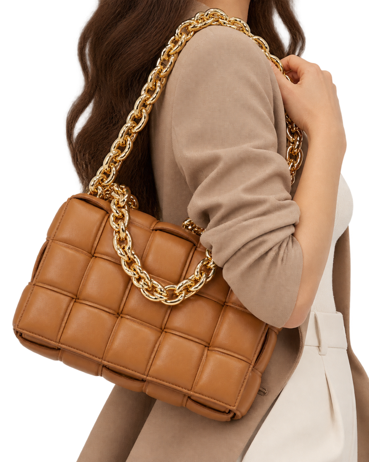 Lambskin Maxi Intreccio Padded Chain Cassette Crossbody Bag Caramel