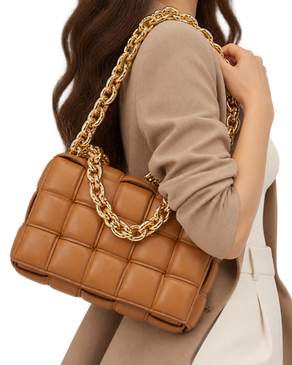 Lambskin Maxi Intreccio Padded Chain Cassette Crossbody Bag Caramel