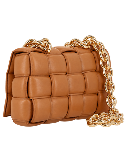 Lambskin Maxi Intreccio Padded Chain Cassette Crossbody Bag Caramel