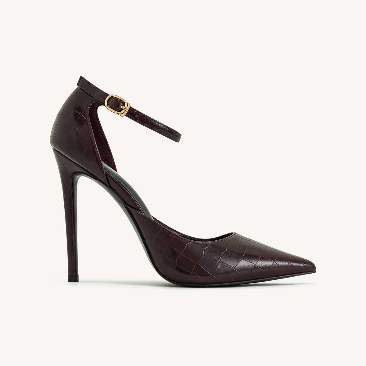 Leah Croc-Embossed Ankle Strap Heels - Burgundy