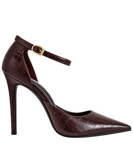 Leah Croc-Embossed Ankle Strap Heels - Burgundy