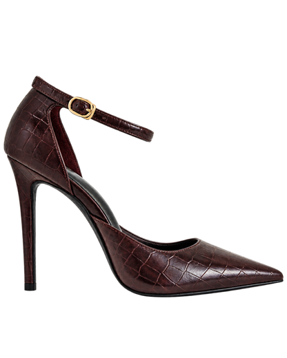 Leah Croc-Embossed Ankle Strap Heels - Burgundy
