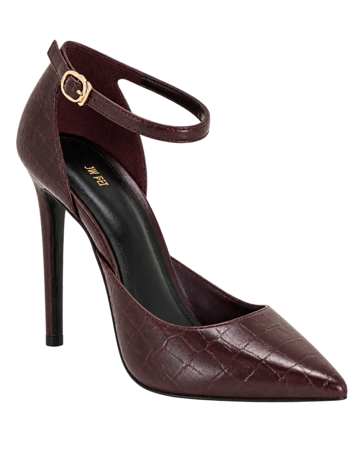 Leah Croc-Embossed Ankle Strap Heels - Burgundy