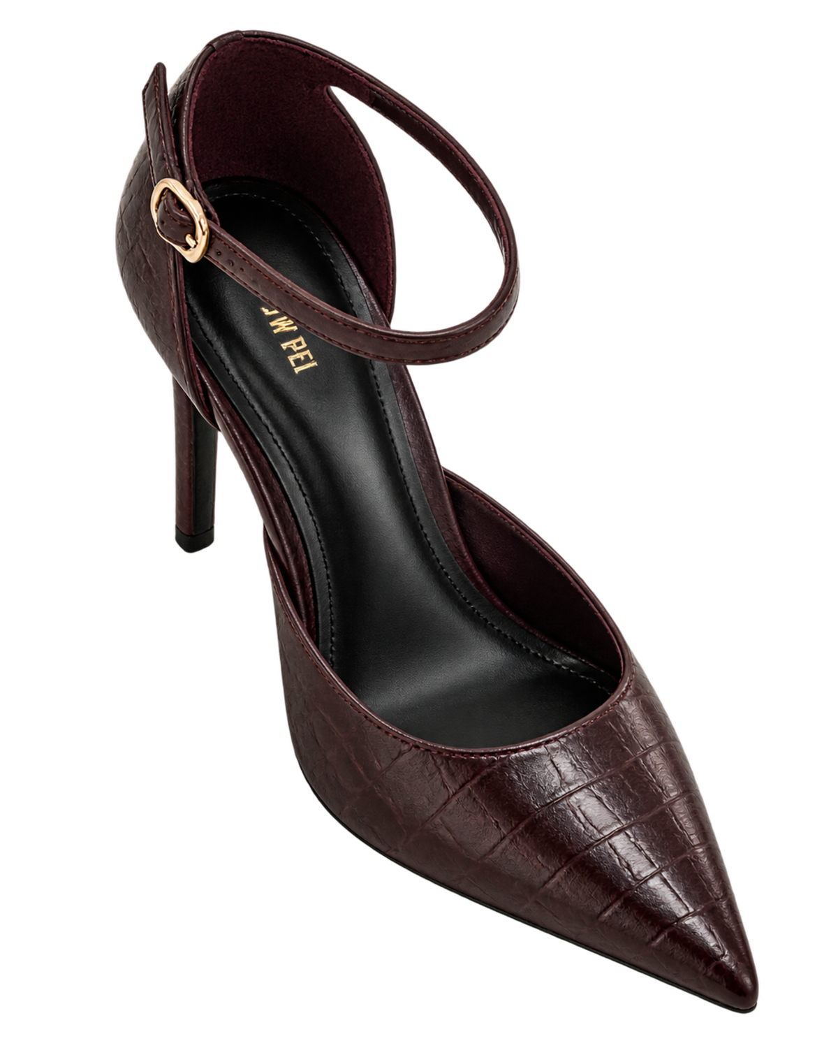Leah Croc-Embossed Ankle Strap Heels - Burgundy