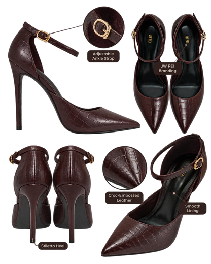 Leah Croc-Embossed Ankle Strap Heels - Burgundy