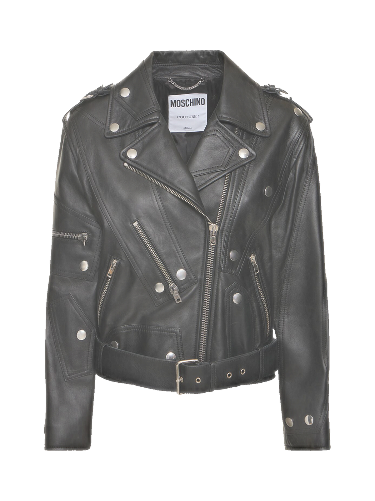 Moschino Leather belted jacket w/ zip details