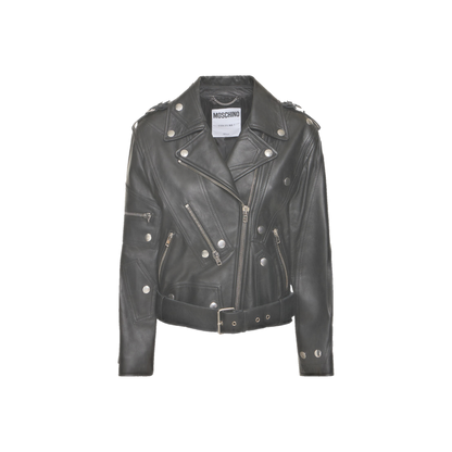 Moschino Leather belted jacket w/ zip details