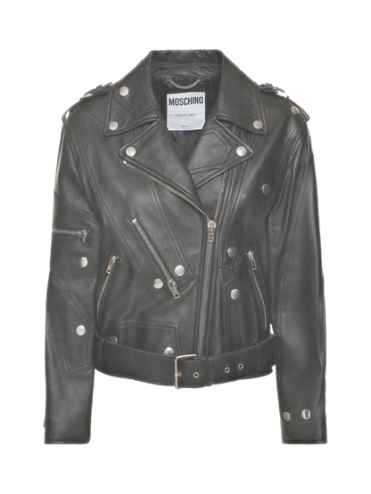 Moschino Leather belted jacket w/ zip details