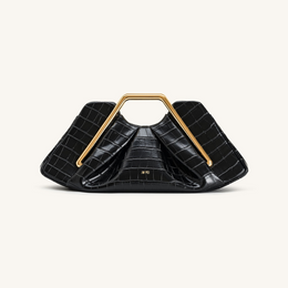 Lila Faux Croc-Effect Metal Frame Clutch - Black