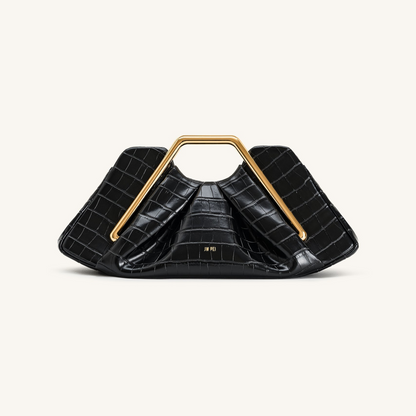 Lila Faux Croc-Effect Metal Frame Clutch - Black