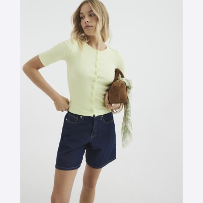 Lime Short Sleeve Ribbed Button Through Top