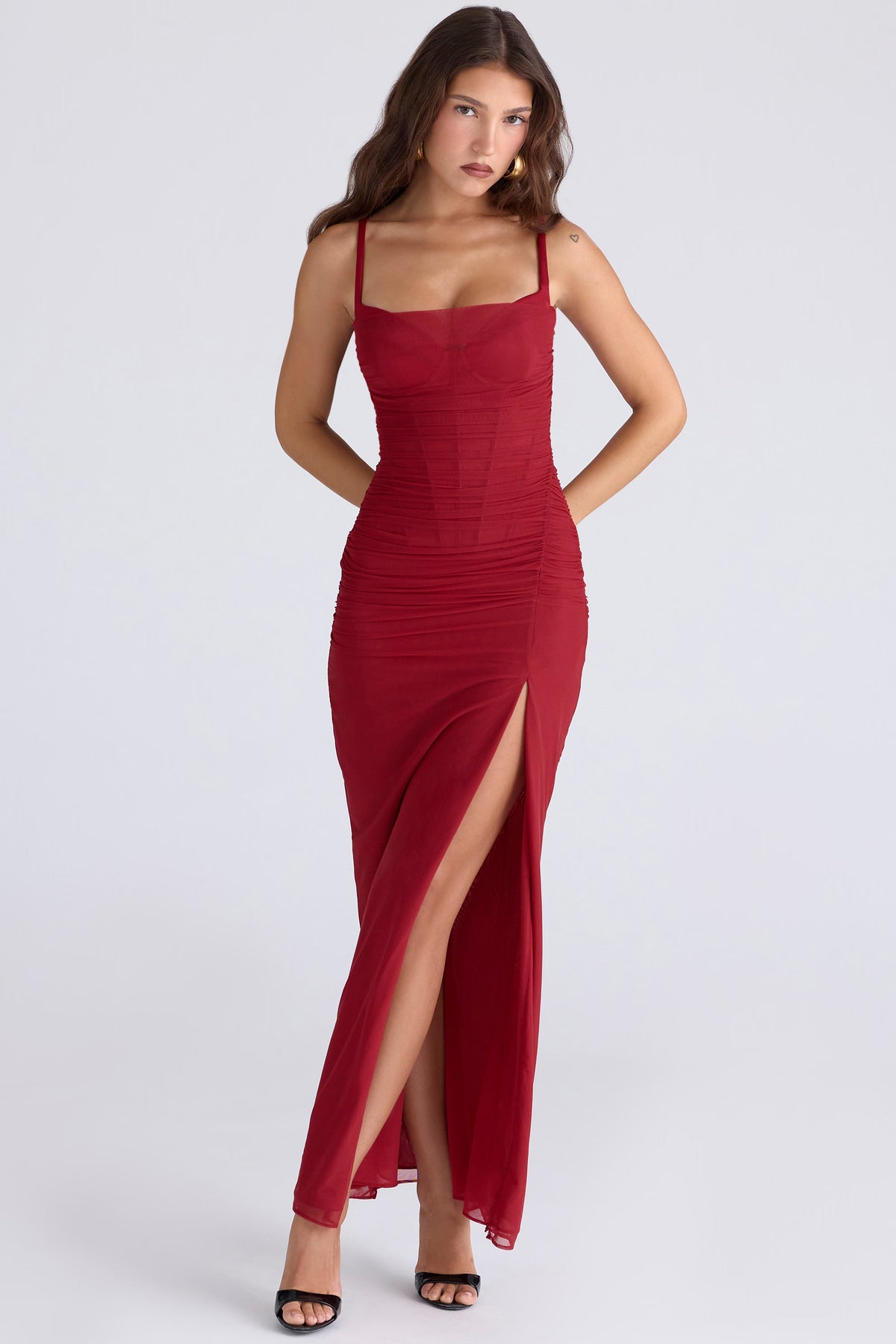 Lini deep red stretch mesh corset maxi dress
