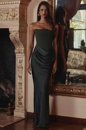 Persephone emerald green crepe strapless corset maxi dress