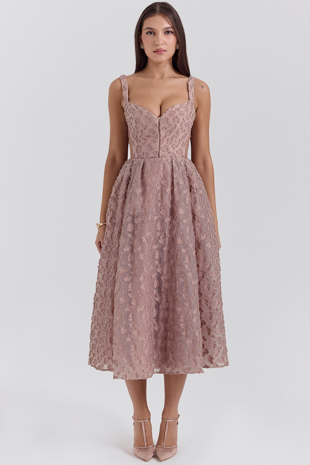 French rose jacquard sweetheart neckline midi dress