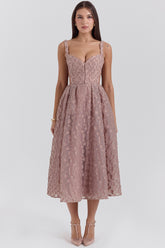 French rose jacquard sweetheart neckline midi dress