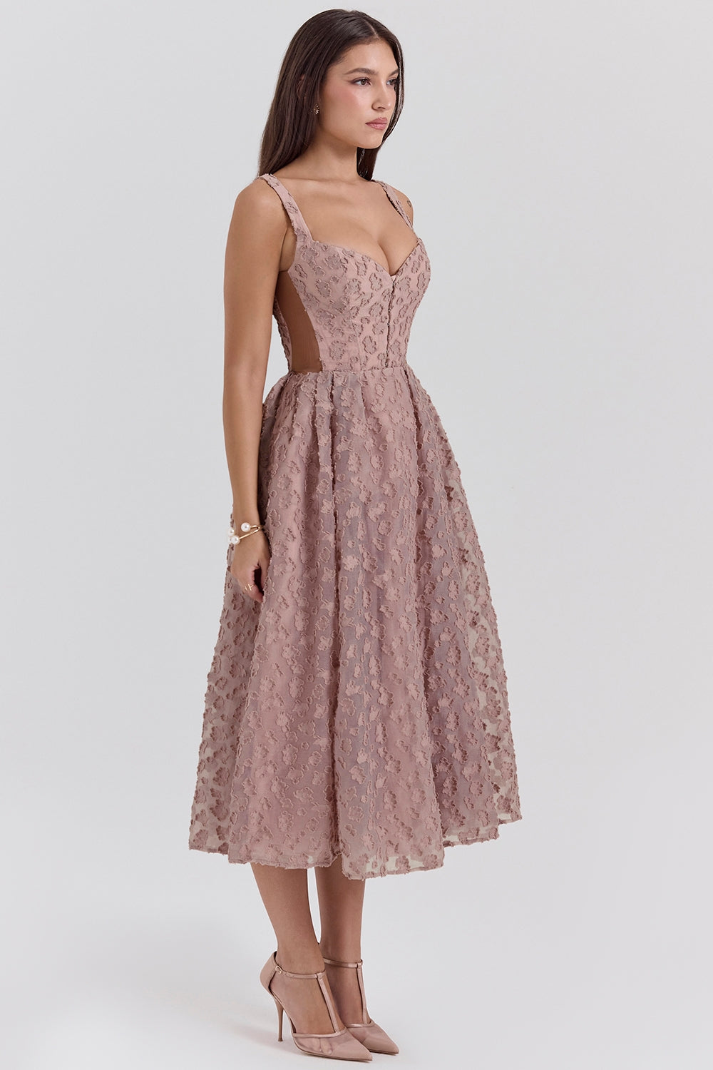 French rose jacquard sweetheart neckline midi dress