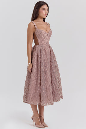 French rose jacquard sweetheart neckline midi dress