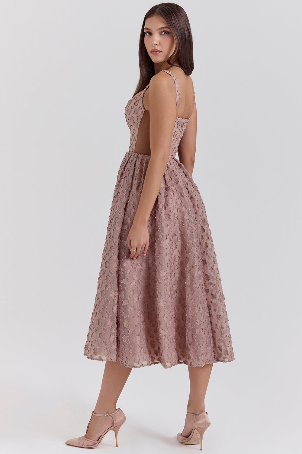 French rose jacquard sweetheart neckline midi dress