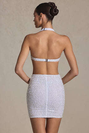 Embellished Cut-Out Halterneck Mini Dress in White