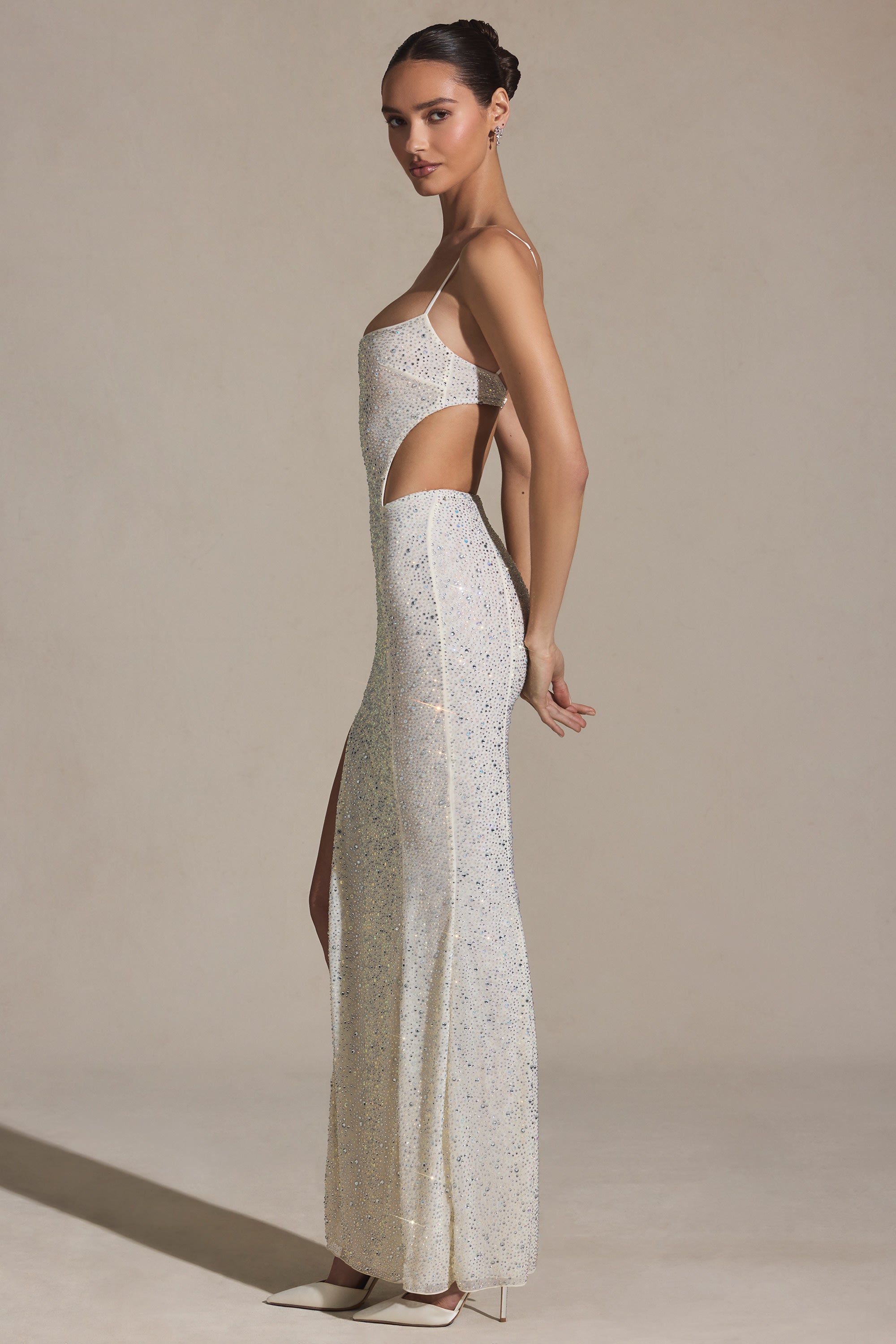 Embellished Cut-Out Fishtail Maxi Dress in White