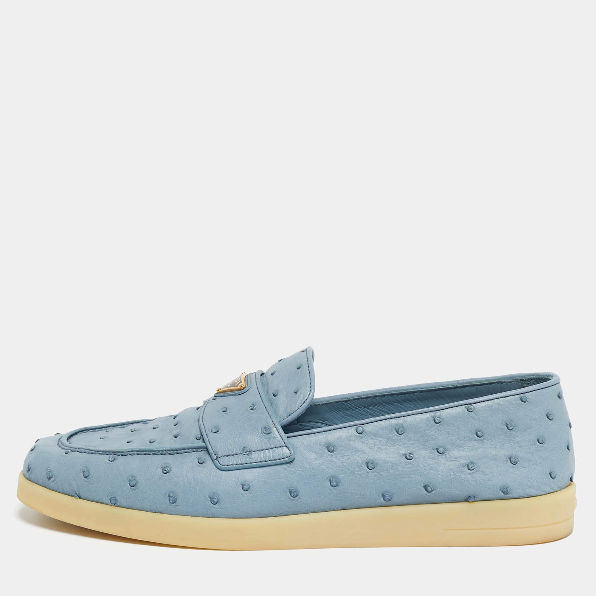 Prada Blue Ostrich Leather Slip On Loafers