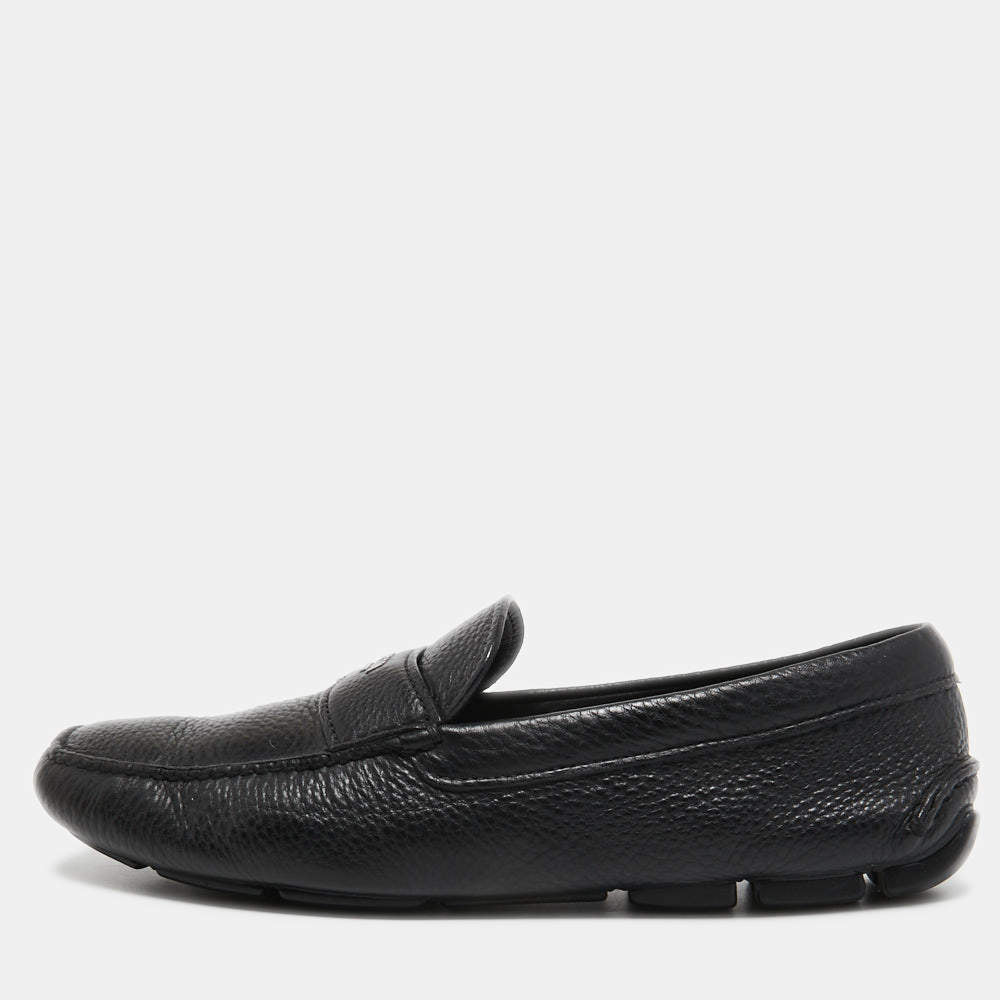 Prada Black Leather Slip On Loafers