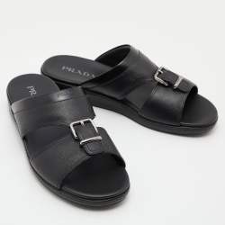 Prada Black Saffiano Leather Buckle Slide Flat Sandals