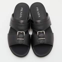 Prada Black Saffiano Leather Buckle Slide Flat Sandals