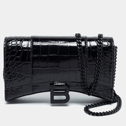 Balenciaga Black Croc Embossed Leather Hourglass Wallet On Chain