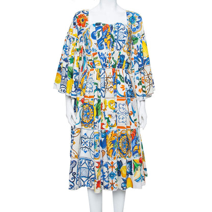 Dolce & Gabbana Multicolor Majolica Printed Cotton Flared Midi Dress