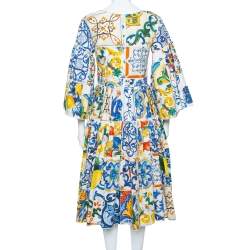Dolce & Gabbana Multicolor Majolica Printed Cotton Flared Midi Dress