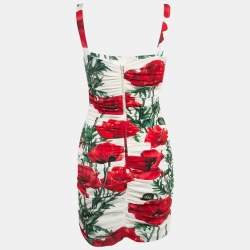 Dolce & Gabbana White/Red Floral Print Silk Ruched Mini