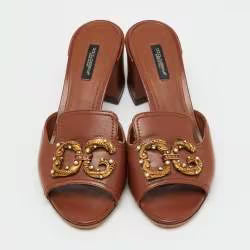 Dolce & Gabbana Brown Leather DG Amore Block Heel Slide