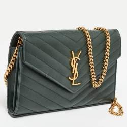 Saint Laurent Dark Green Chevron Quilted Leather Envelope Flap Crossbody Bag