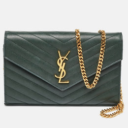 Saint Laurent Dark Green Chevron Quilted Leather Envelope Flap Crossbody Bag