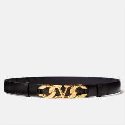 Valentino Black Leather VLogo Chain Buckle Belt