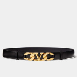 Valentino Black Leather VLogo Chain Buckle Belt