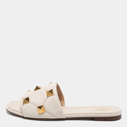 Valentino White Leather Studded Slide Flats