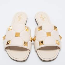 Valentino White Leather Studded Slide Flats