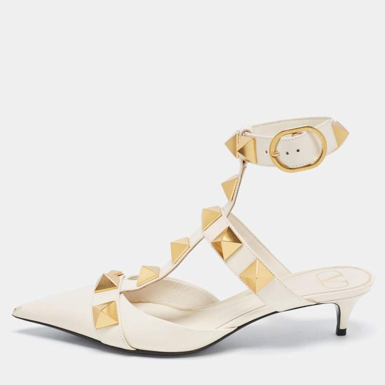Valentino Garavani Rockstud Caged Leather Kitten Heel Sandals – Ivory