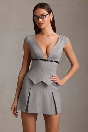Pinstripe Pleated Waistcoat Mini Dress in Grey