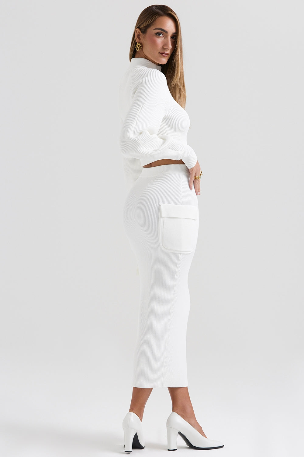White ribbed knit cargo skirt