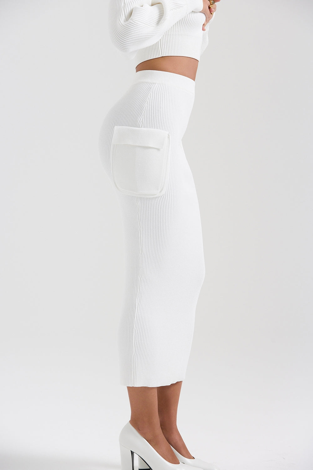 White ribbed knit cargo skirt