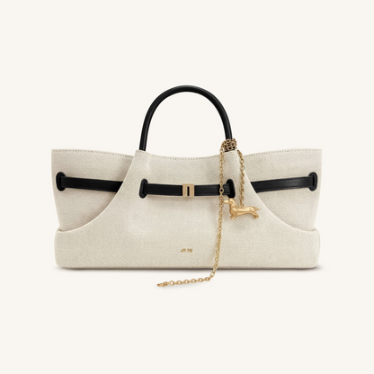 Maeve Dachshund Metal Charm Tote Bag - Black Canvasa