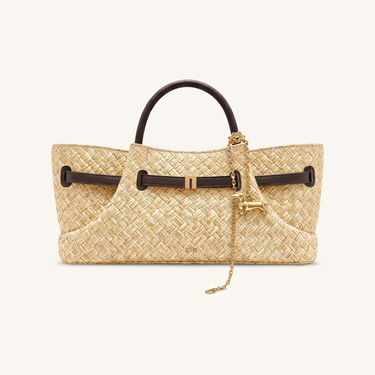 Maeve Faux Straw Dachshund Metal Charm Tote Bag - Brown