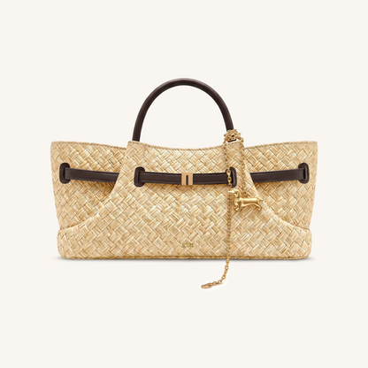 Maeve Faux Straw Dachshund Metal Charm Tote Bag - Brown