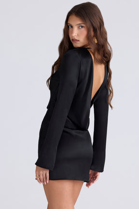 Mariska black satin long sleeve backless mini dress